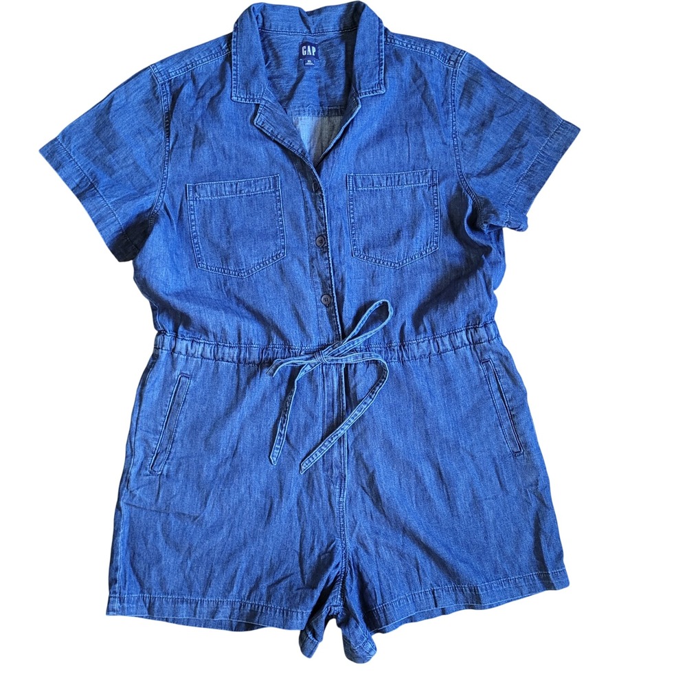 GAP Women Denim Chambray Utility Easy Romper Jumpsuit Shorts XL Button Up